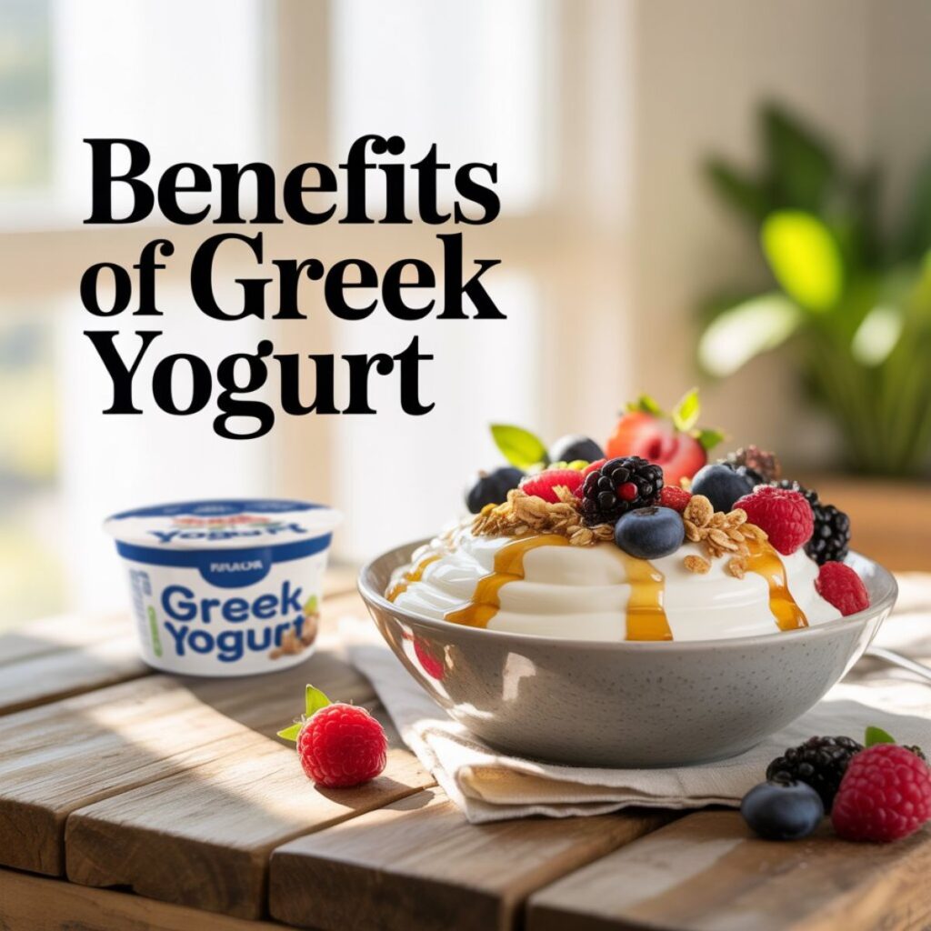 Bowl of Greek yogurt topped with berries as high protein snacks