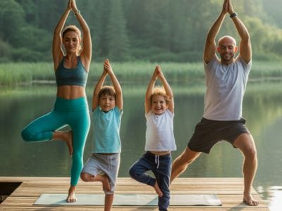 family doing light exercise together walk yoga