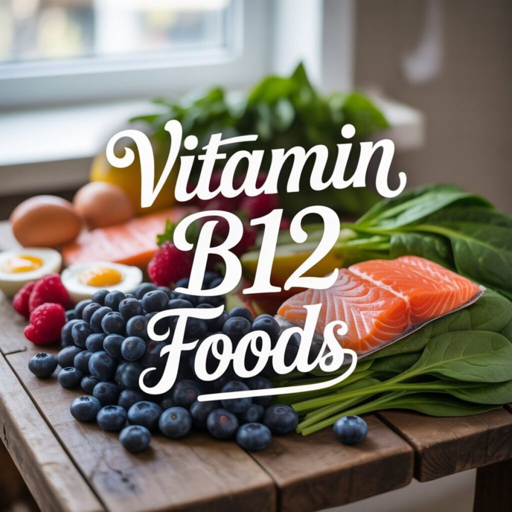 Healthy vitamin B12 foods such as clams, tuna, and fortified cereals arranged for diet planning